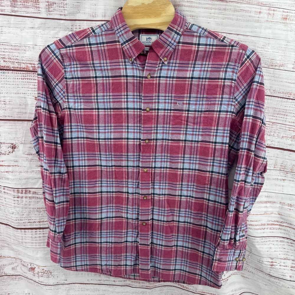 Southern Tide Shirt Mens XL Classic Fit Plaid Button Down Burgundy Blue Cotton